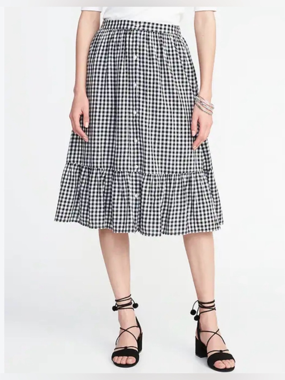 Old Navy Black & White Gingham Tiered Button-Front Midi Skirt